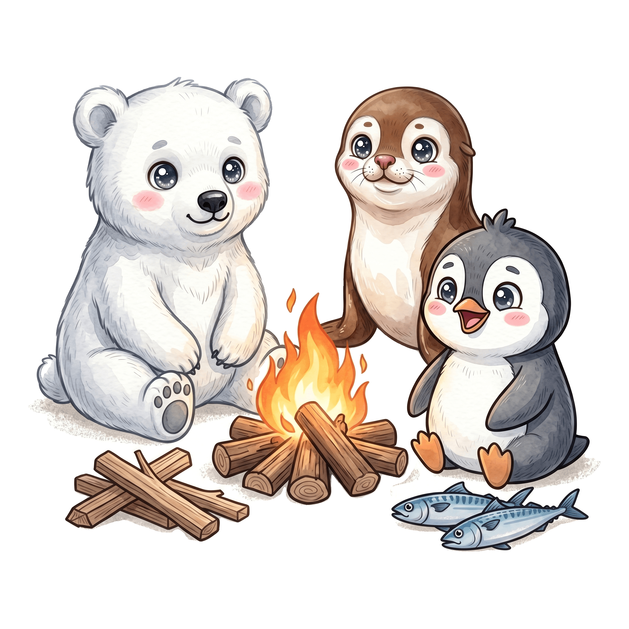 The StudyPolar crew — a polar bear, a seal and a penguin around a campfire
