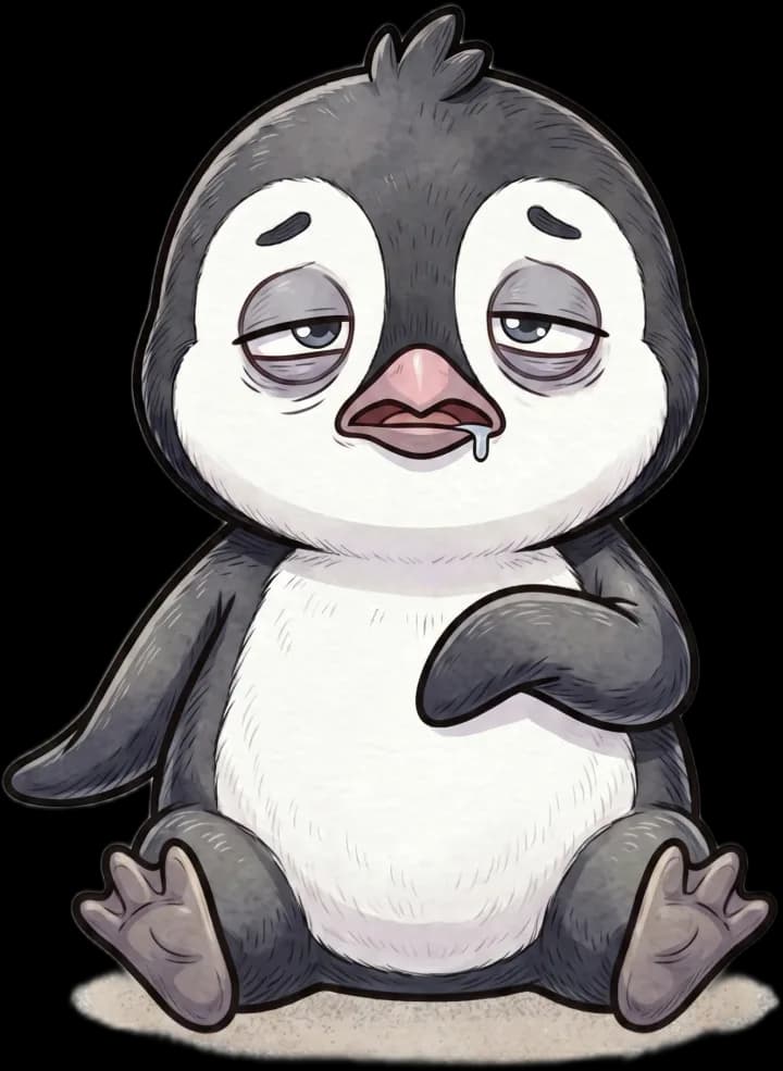 StudyPolar's sleepy penguin mascot, exhausted after cramming all night for an exam